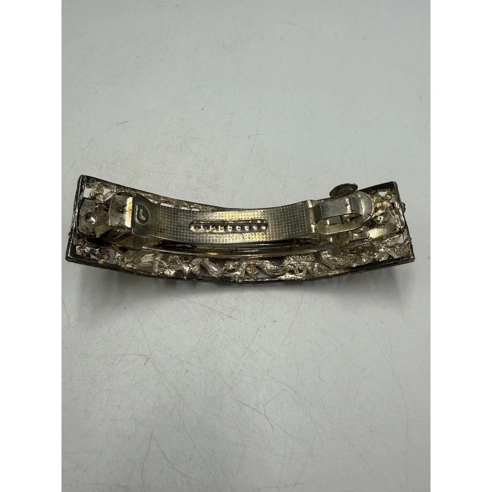 Vintage Floral Filigree Hair Barrette Red Rhinestone Enamel Flower Silver Tone
